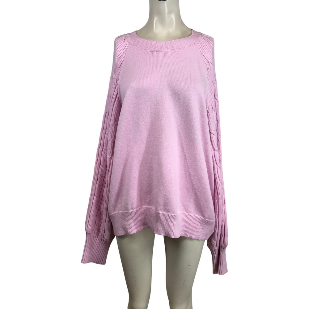 BIBI Womens XL Pink Cable Knit Sleeve Crew Neck Sweater IT1958-01 Relaxed Fit